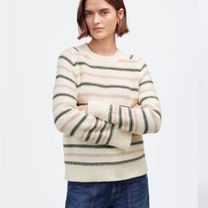 Madewell Striped Crew Neck Sweater - Cream, Pink, and Army Green Size Large